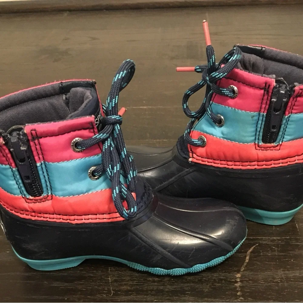Sperry toddler girl Navy, Teal & Coral Cold Weather Duck Boots. Size- 9M